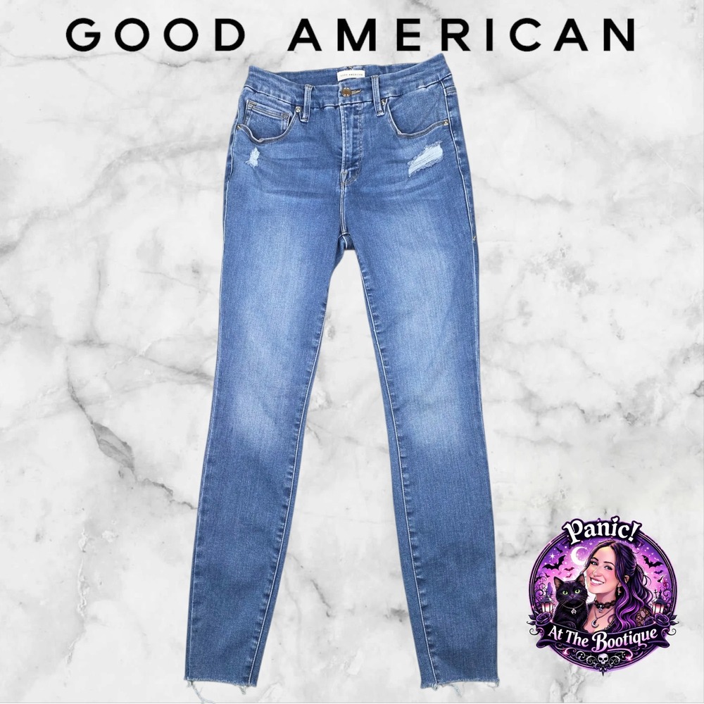 Good American Skinny Jeans Women 6/28 Blue Distressed Raw Hem Medium Wash Casual